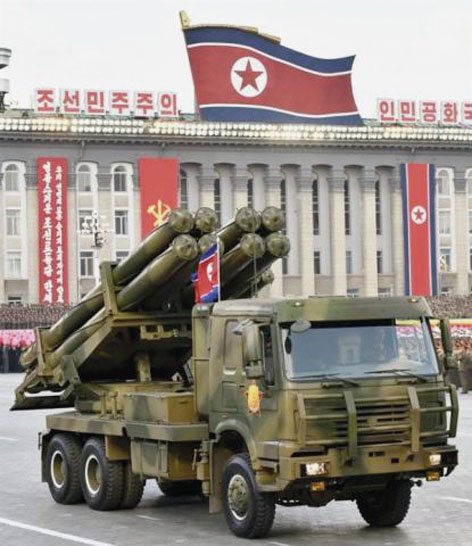 North Korea revealed its new guided 300 mm multiple rocket launcher during its 10 October 2015 military parade. (Via KCNA)